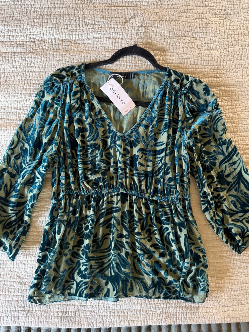 Cut Loose Teal and Green Velvet Burnout V-Neck Smocked Waist Blouse Medium NWT’s